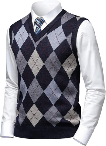 Mens Thick Argyle Sweater Vests Classic V-Neck Knitwear Sleeveless Pullover Autumn Winter Warm Tank Tops