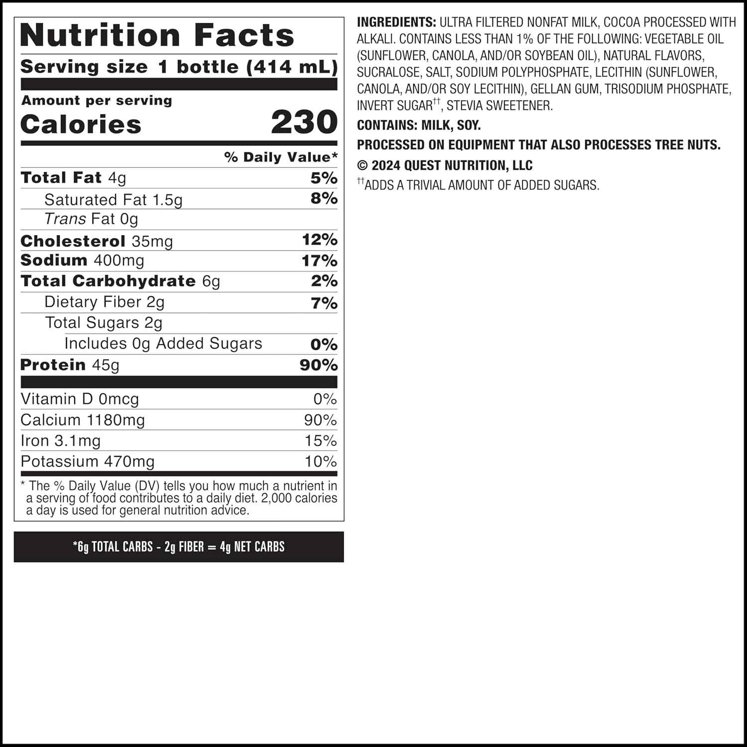 Quest Nutrition Chocolate Protein Shake, 45g Protein, 2g Sugar, 4g Net Carbs, Ready to Drink, Gluten Free, 12 Count | 45g Complete Protein, Ready to Drink, 4g Net Carbs, Gluten Free, Ultrafiltered Nonfat Milk, High Protein, 14 Fl Oz Bottles