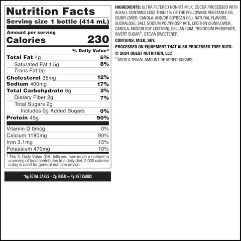 Quest Nutrition Chocolate Protein Shake, 45g Protein, 2g Sugar, 4g Net Carbs, Ready to Drink, Gluten Free, 12 Count | 45g Complete Protein, Ready to Drink, 4g Net Carbs, Gluten Free, Ultrafiltered Nonfat Milk, High Protein, 14 Fl Oz Bottles