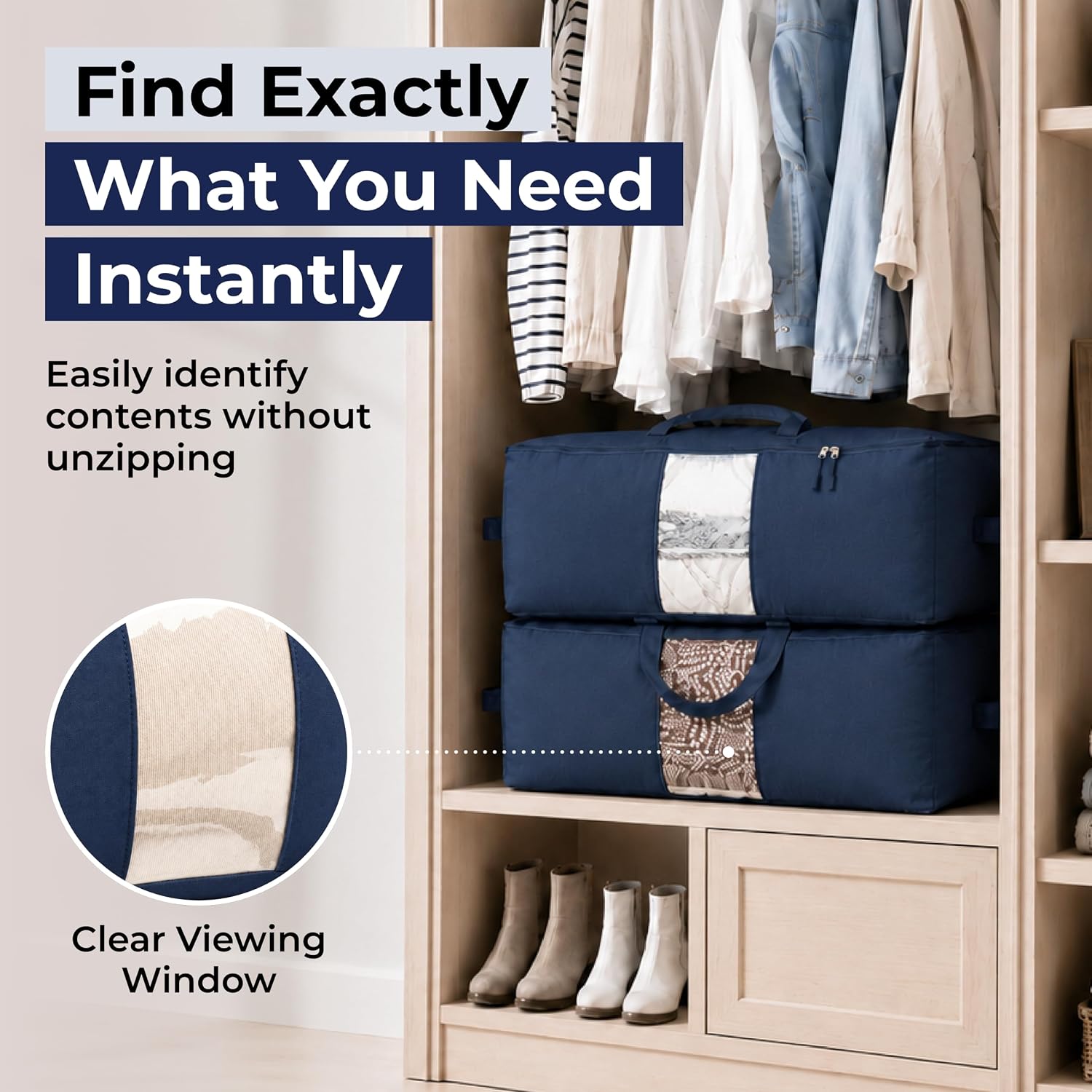 Soft Canvas Storage Bags with Zipper. Thick Breathable, 2pc King/Queen Comforter Organizer. Four Carrying Handles and Window. Large 25x19x9in Bag for Sheets Blankets Bedding Pillows, Clothes (Blue)