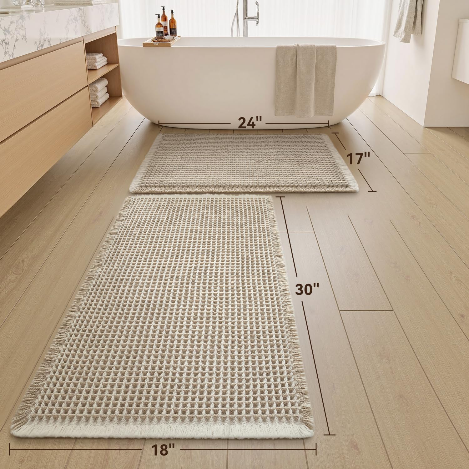 Upgraded Waffle Bath Mat Set of 2 Absorbent Bathroom Mat 17"x24" + 18"x30"