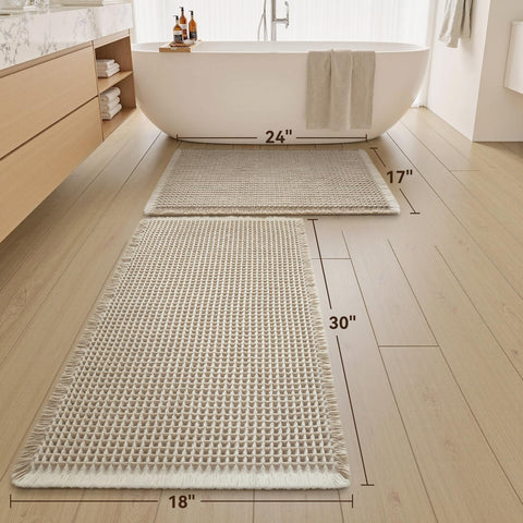 Upgraded Waffle Bath Mat Set of 2 Absorbent Bathroom Mat 17"x24" + 18"x30"