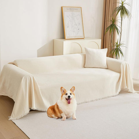 MYSKY HOME Couch Cover for Pets, Beige Couch Covers for 3 Cushion Couch Sofa, Couch Covers Sectional L Shape Chenille Couch Cushion Covers for Pets, Throw for Dogs, Kids, 71" X150"