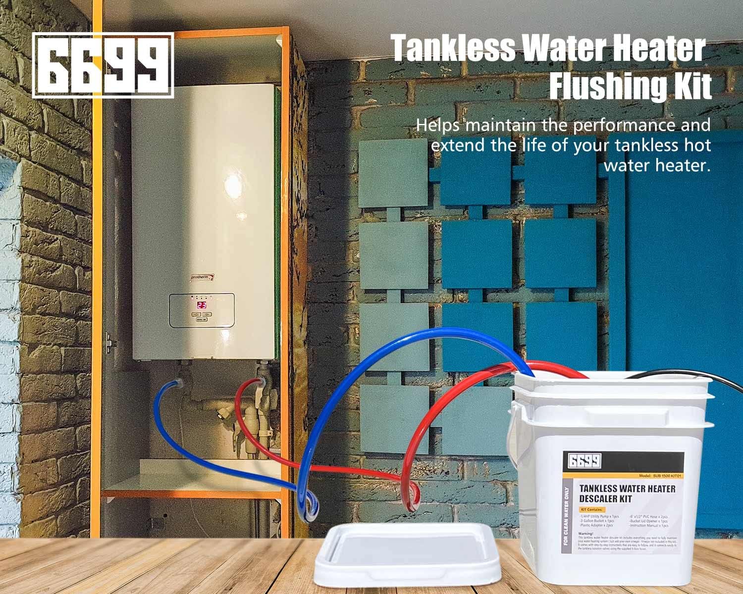 Tankless Water Heater Flushing Kit, 1/6 HP Pump, 2 Hoses, 3 Gal Pail