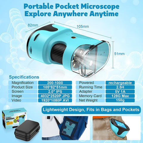 1000X Pocket Microscope for Kids - 4K 2.0" Screen, Digital Mini Scope with Slides Kit, Rechargeable Lab Handheld Portable Microscopes for Kids 4-12 Students Teens