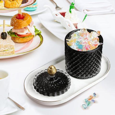 Joeyan 18oz Black Glass Jars with Lid,Embossed Candy Dishes,Diamond Faceted