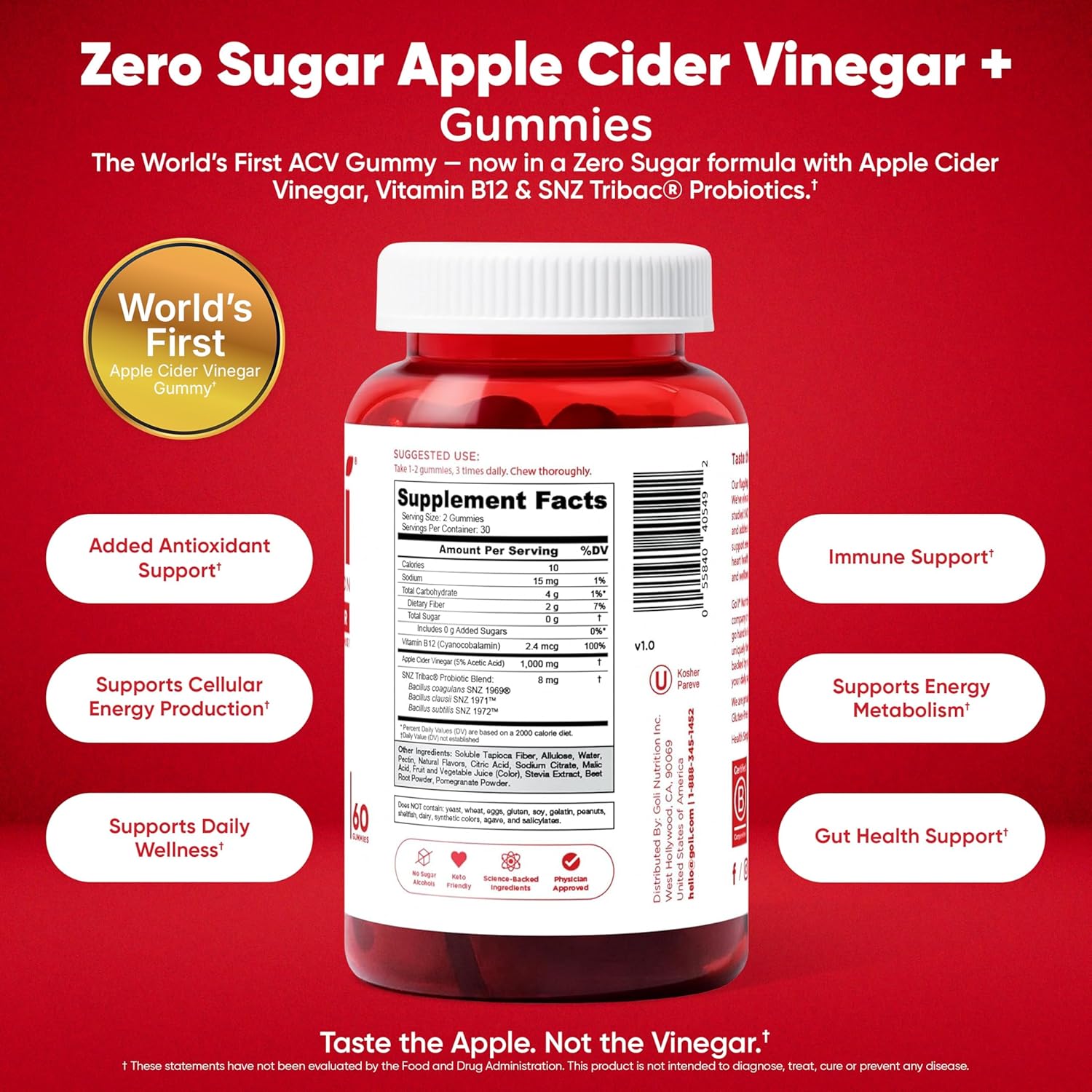 Goli Zero Sugar Trio - World's First 3-in-1 Pre, Post, Probiotic, Apple Cider Vinegar with Vitamin B12 and Probiotics, Ashwagandha & L-Theanine, Vitamin D Gummies, 180 Count (3-Bottle Set)