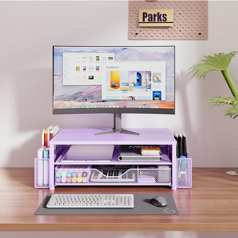 OPNICE Desk Organizer and Accessories, 2-Tier Computer Monitor Stand Riser with Drawer and 2 Pen Holders, Laptop Stand, Office Desk Accessories for Office Supplies, Purple
