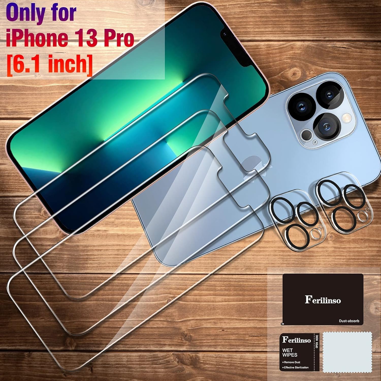 Ferilinso 3 Pack Screen Protector for iPhone 13 Pro, Tempered Glass, HD