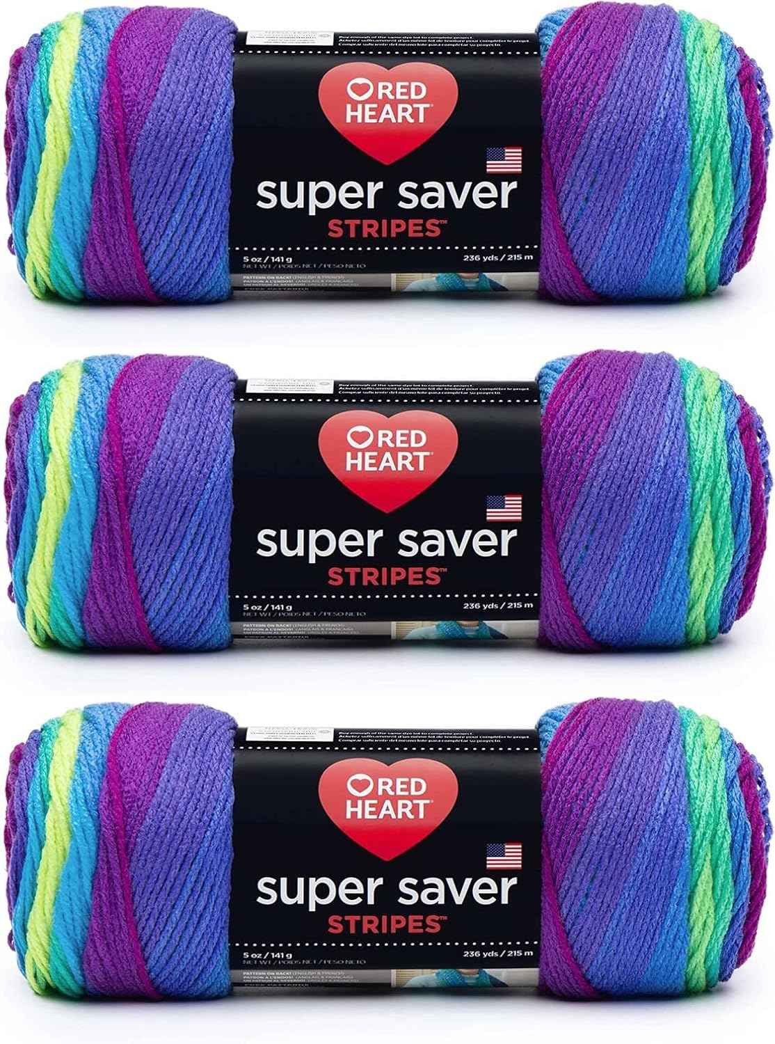 Red Heart Super Saver Yarn for Crocheting & Knitting, Parrot Stripe, 3-Pack