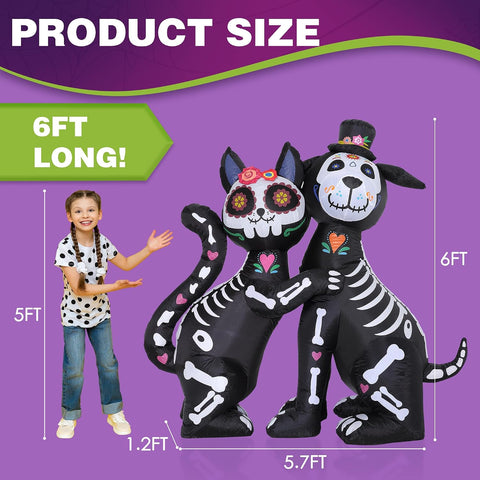 ZPISF 6 FT Halloween Inflatables Skeleton Black Cat and Dog