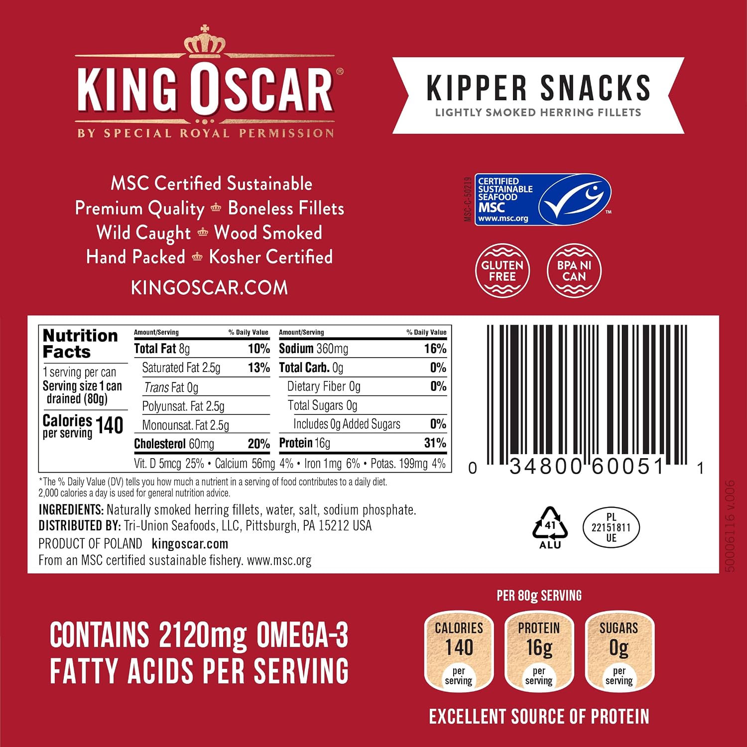 King Oscar Kipper Snacks in Water, 3.54 oz Can, 12-Pk, Herring Fillets