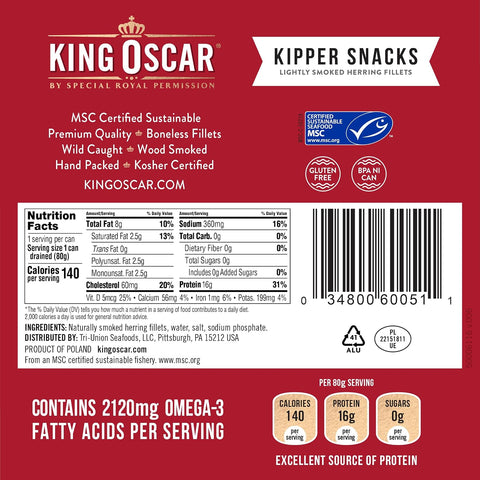 King Oscar Kipper Snacks in Water, 3.54 oz Can, 12-Pk, Herring Fillets