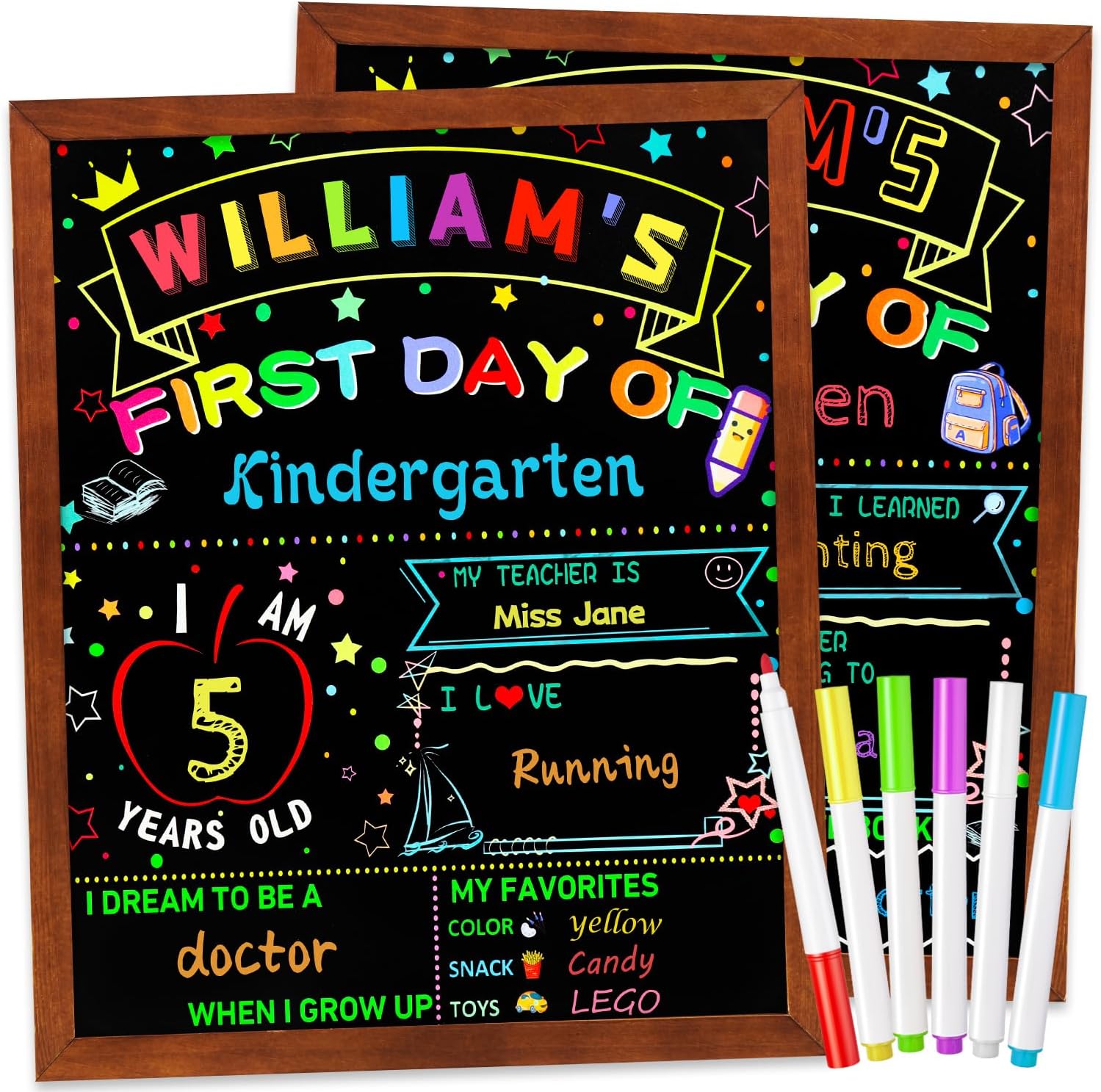 Multiwins First and Last Day of School Double Sided Sign with Frame- 14”x11” Reusable Dry Erase Board with 6 Colorful Liquid Chalk Markers - Back to School Supplies for Kindergarten Preschool