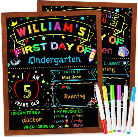 Multiwins First and Last Day of School Double Sided Sign with Frame- 14”x11” Reusable Dry Erase Board with 6 Colorful Liquid Chalk Markers - Back to School Supplies for Kindergarten Preschool