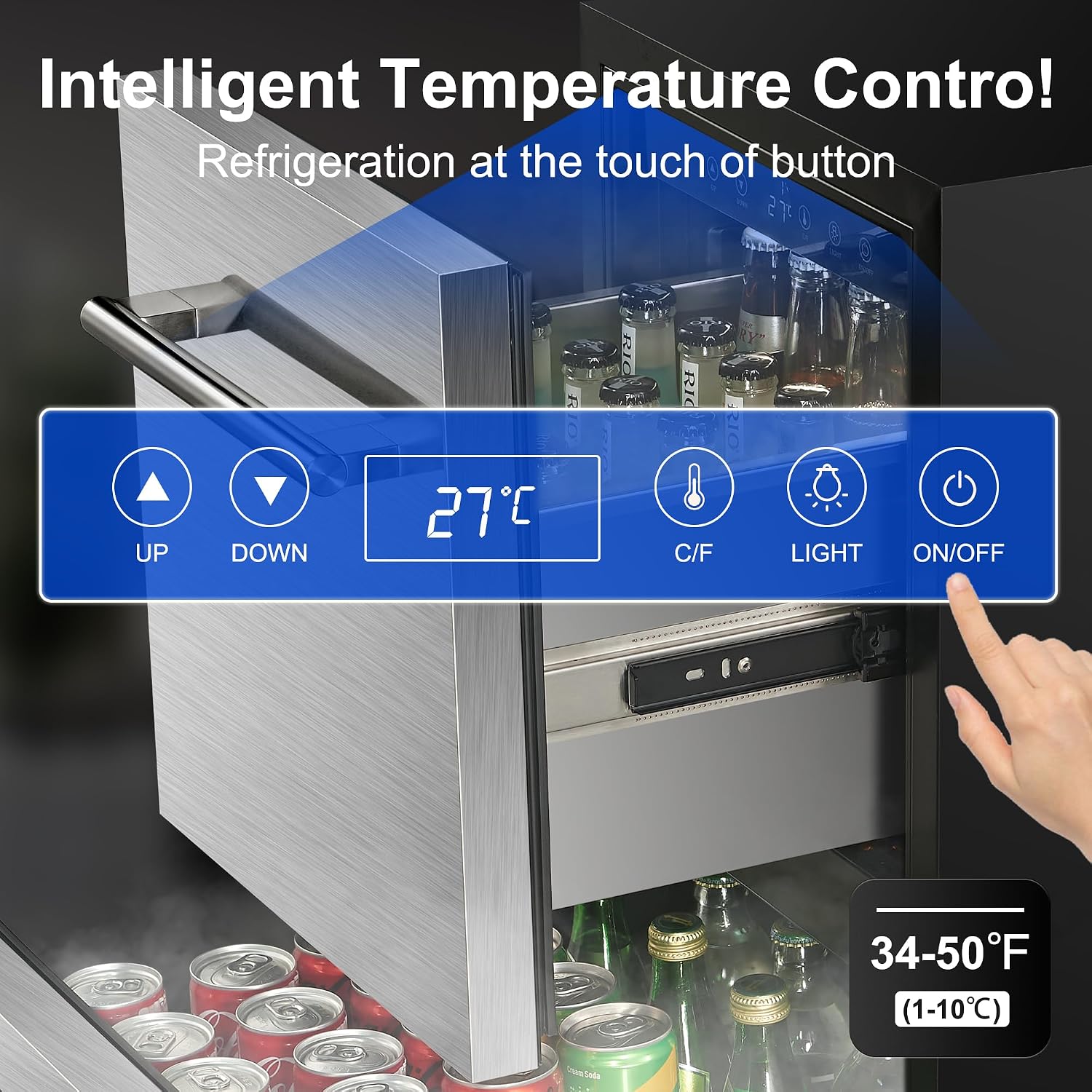 15 Inch Outdoor Drawer Fridge, Under Counter Double Drawer Beverage Refrigerator, 3.39 Cu.Ft., Silver, BC-96WS
