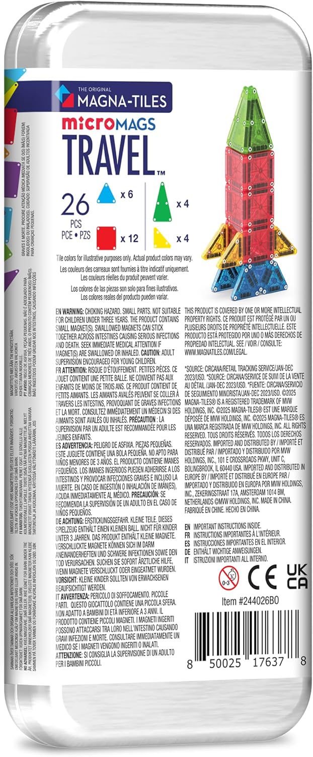 MAGNA-TILES microMAGS 26-Piece Travel Magnetic Construction Set – Bold Colors, The Original Magnetic Building Brand