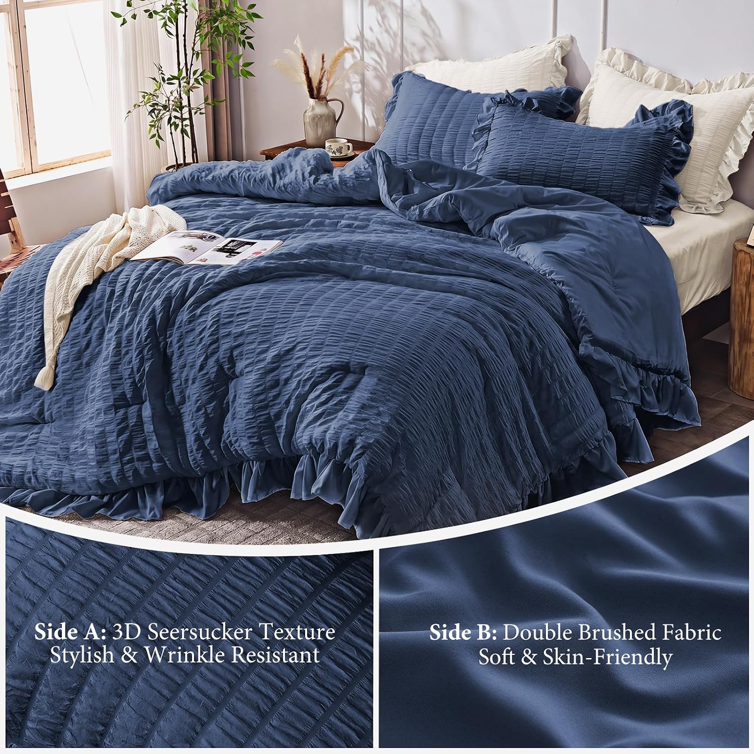 JOLLYVOGUE Oversized Queen Comforter Set, 3 Pieces Navy Blue Seersucker Comforters, Lightweight & Fluffy Bedding Sets for All Season with 1 Ruffle Comforter and 2 Ruffle Pillowshams