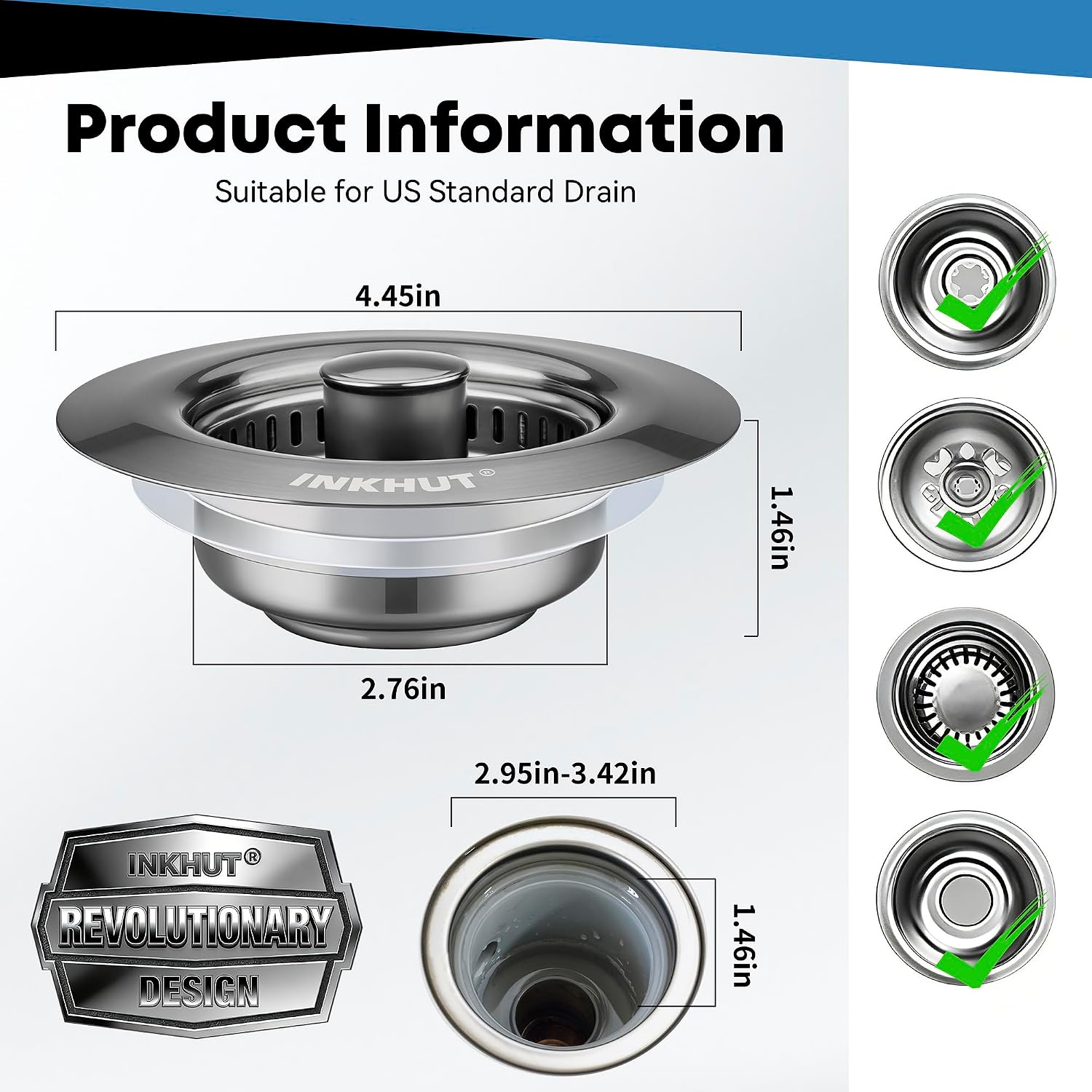 Upgraded 3 in 1 Kitchen Sink Drain Strainer (Dark Grey)