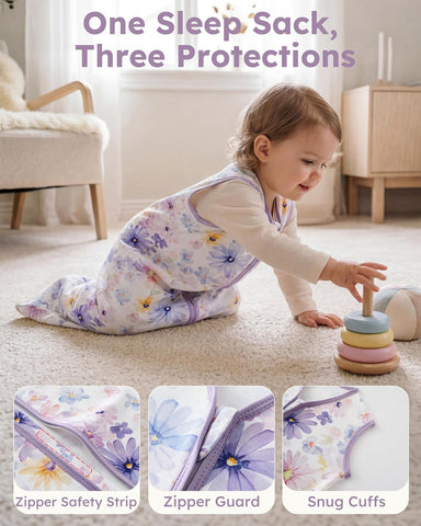 Baby Sleep Sack 18-24 Months 0.5 TOG, 100% Cotton Baby Wearable Blanket 2 Pack with 2-Way Zipper, Lightweight Sleep Bag for Boys ＆ Girls Toddler Breathable Sleeing Sack Purple Flower