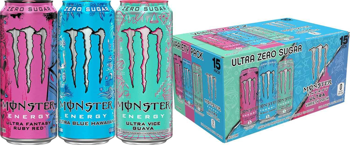 Monster Energy Ultra Variety Pack, Blue Hawaiian, Vice Guava, Fantasy Ruby Red, Sugar Free Energy Drink, 16 Ounce Can (Pack of 15)
