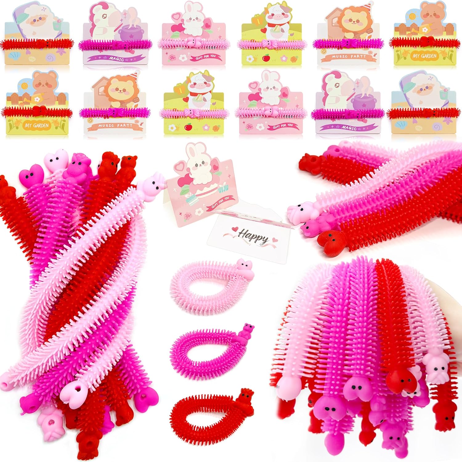 YZXODN Valentine's Day 48 PCS Stretchy Strings Fidget Toys, 24 Sensory Toys + 24 Cards for Kids - Stress Relief, Autism Toy – Perfect for Children’s Day, Classroom Exchange, Party Favors