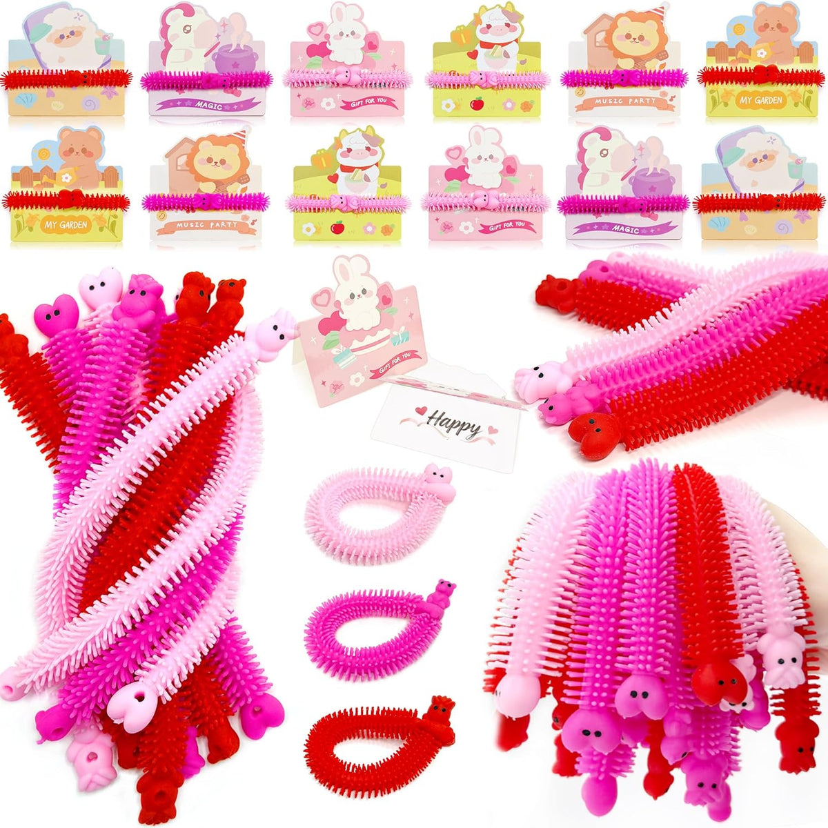 YZXODN Valentine's Day 48 PCS Stretchy Strings Fidget Toys, 24 Sensory Toys + 24 Cards for Kids - Stress Relief, Autism Toy – Perfect for Children’s Day, Classroom Exchange, Party Favors