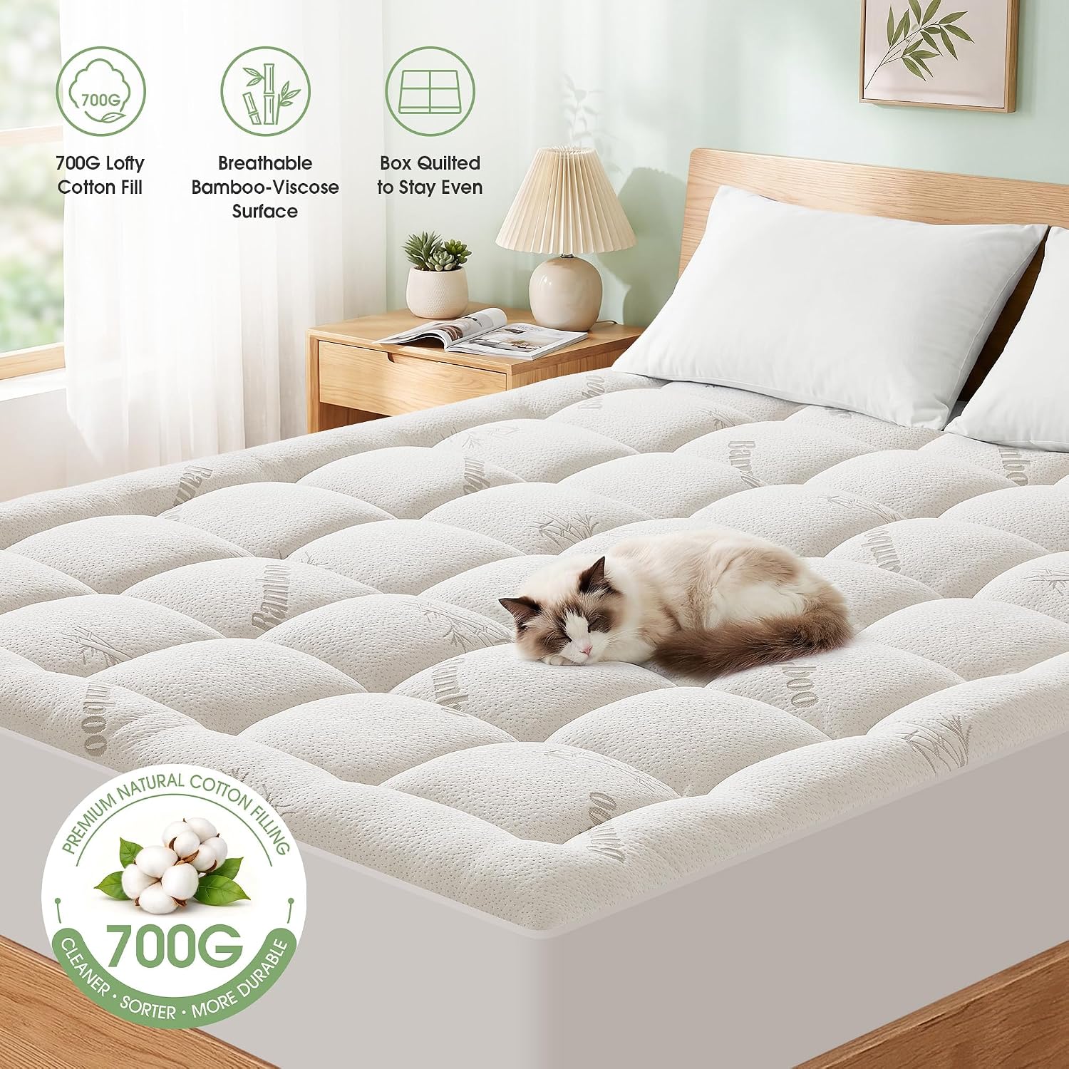 Mattress Pad King Size, Cooling Pillow Top Mattress Topper, Ultra Soft Viscose Made from Bamboo, Breathable for Hot Sleepers, Deep Pocket 8"-20", White
