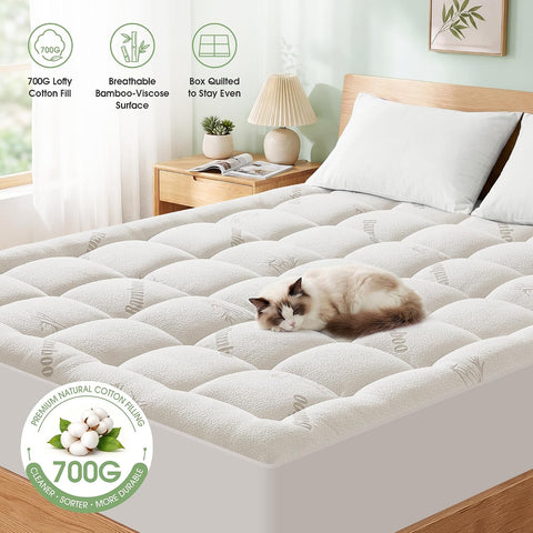 Mattress Pad King Size, Cooling Pillow Top Mattress Topper, Ultra Soft Viscose Made from Bamboo, Breathable for Hot Sleepers, Deep Pocket 8"-20", White