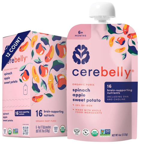 Cerebelly Organic Baby Food Pouches, Spinach Apple Sweet Potato, 4oz, 12ct
