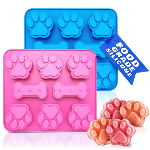 2 Pcs Frozen Dog Treat Molds Silicone, Bone & Paw Print, Non-Stick