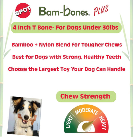 SPOT Bam-Bones Plus T-Bone Dog Chew, Beef, 4in, 10-30 lb Heavy Chewers