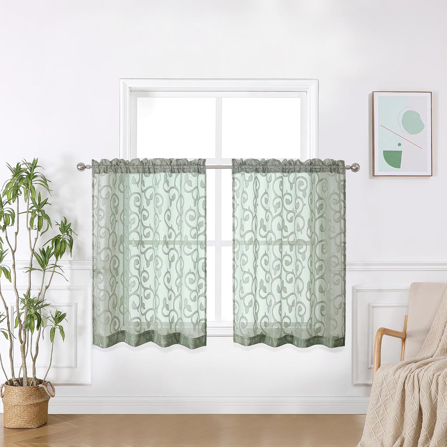 OWENIE Furman Sage Green Kitchen Curtains Tiers 36 inch Length, Light Filtering Soft Airy Clear Cafe Curtain for Living Room Bedroom Farmhouse Small Windows Half Curtains, 2 Pcs, Each 40Wx36L inch