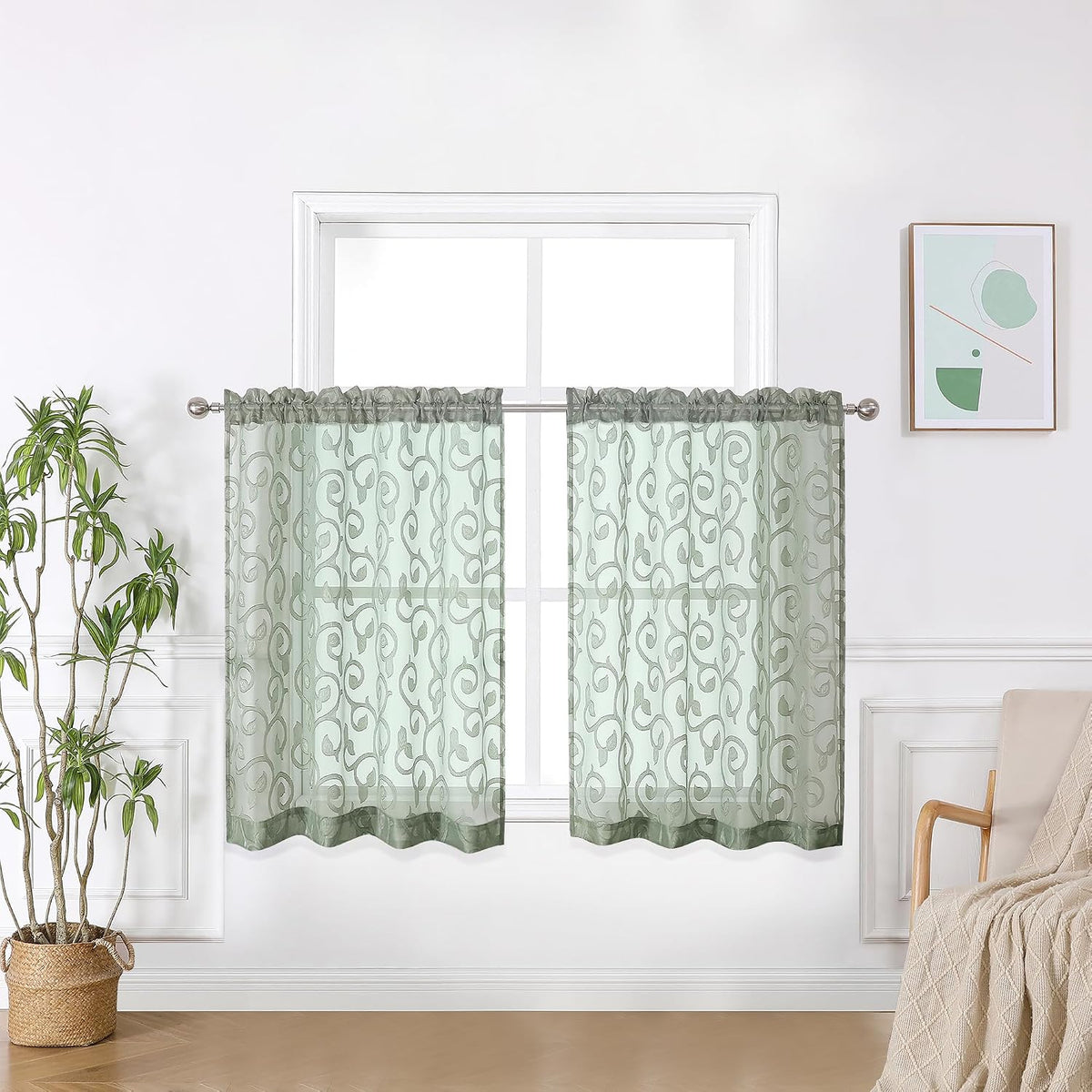 OWENIE Furman Sage Green Kitchen Curtains Tiers 36 inch Length, Light Filtering Soft Airy Clear Cafe Curtain for Living Room Bedroom Farmhouse Small Windows Half Curtains, 2 Pcs, Each 40Wx36L inch