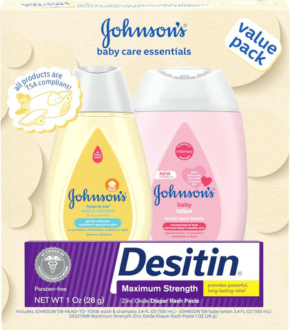 Johnson's Baby Care Essentials Gift Set, Body Lotion, & Zinc Oxide Diaper Rash Paste for Baby's Delicate Skin, Value Pack, Travel-Size, Bath Essentials Must Haves, Baby Gifts, 3 Items