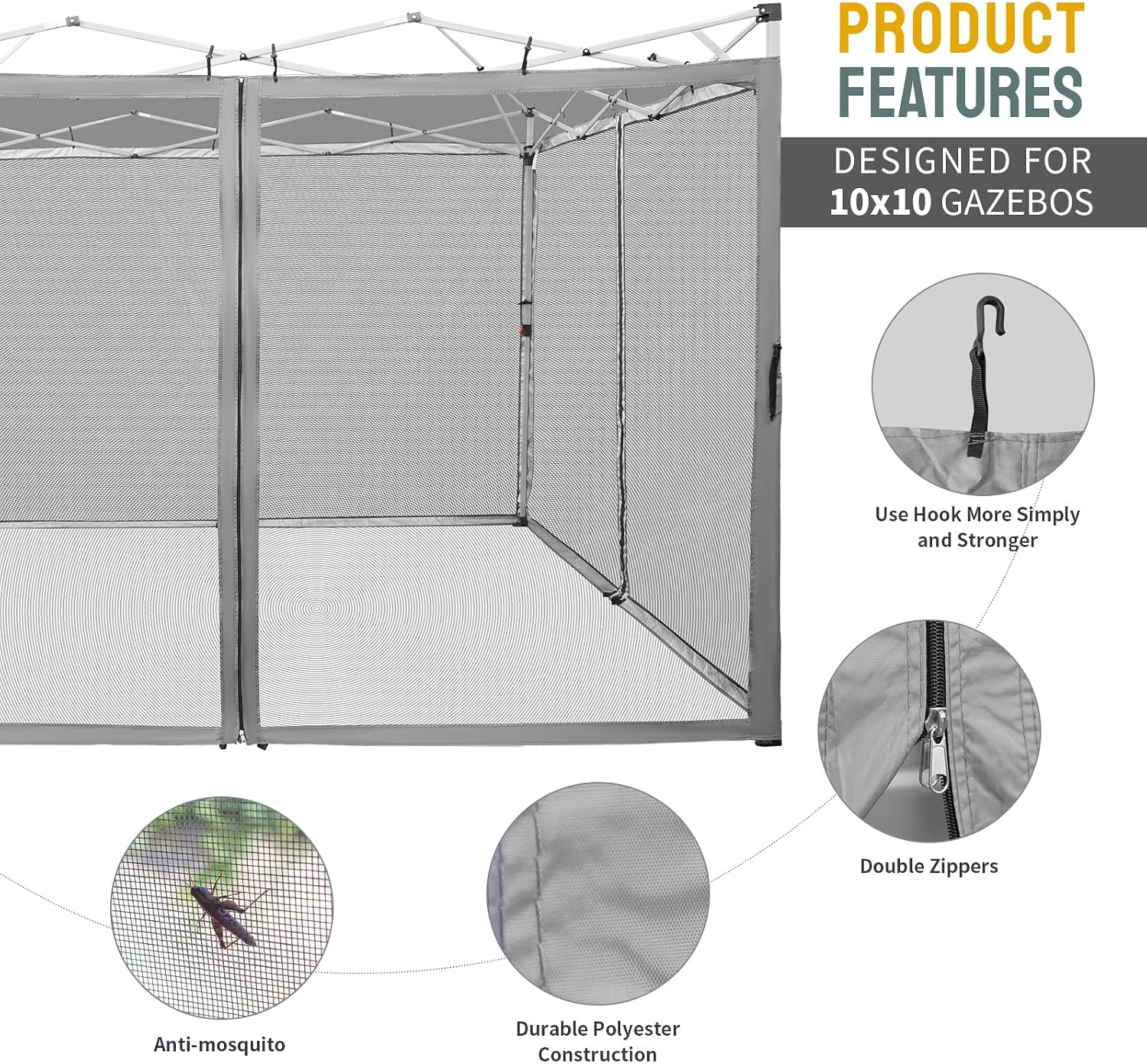 CROWN SHADES Gazebo Replacement Mosquito Netting, 10 x 10ft, Grey