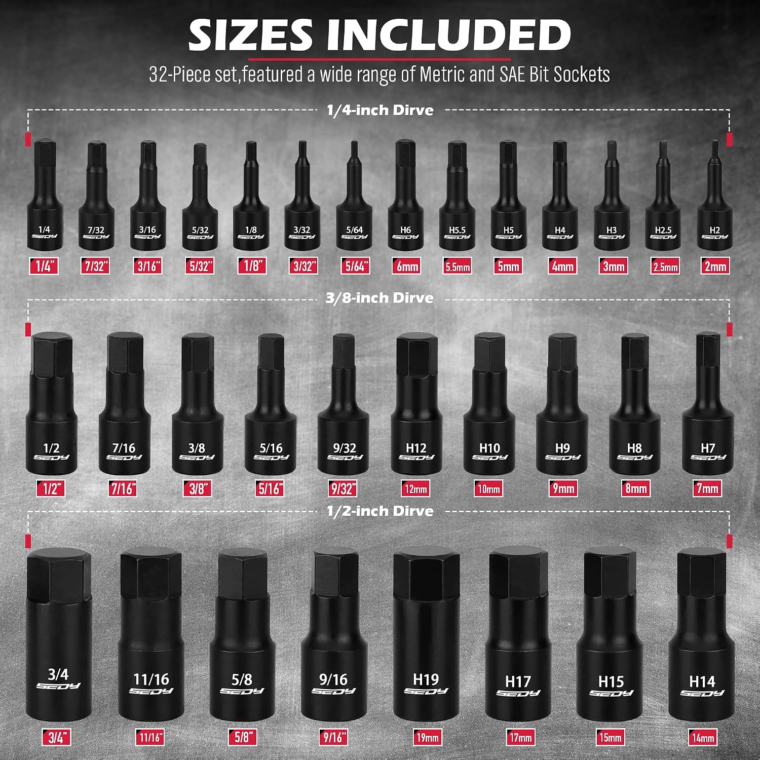 Hex Bit Impact Socket Set: 36-Piece with 4 Adapters, 1/4" 3/8" 1/2" Drive Master Allen Impact Socket Set, SAE and Metric, H5-H19 & 3/4"-5/64", Heavy Duty Storage Case, Automotive Mechanic