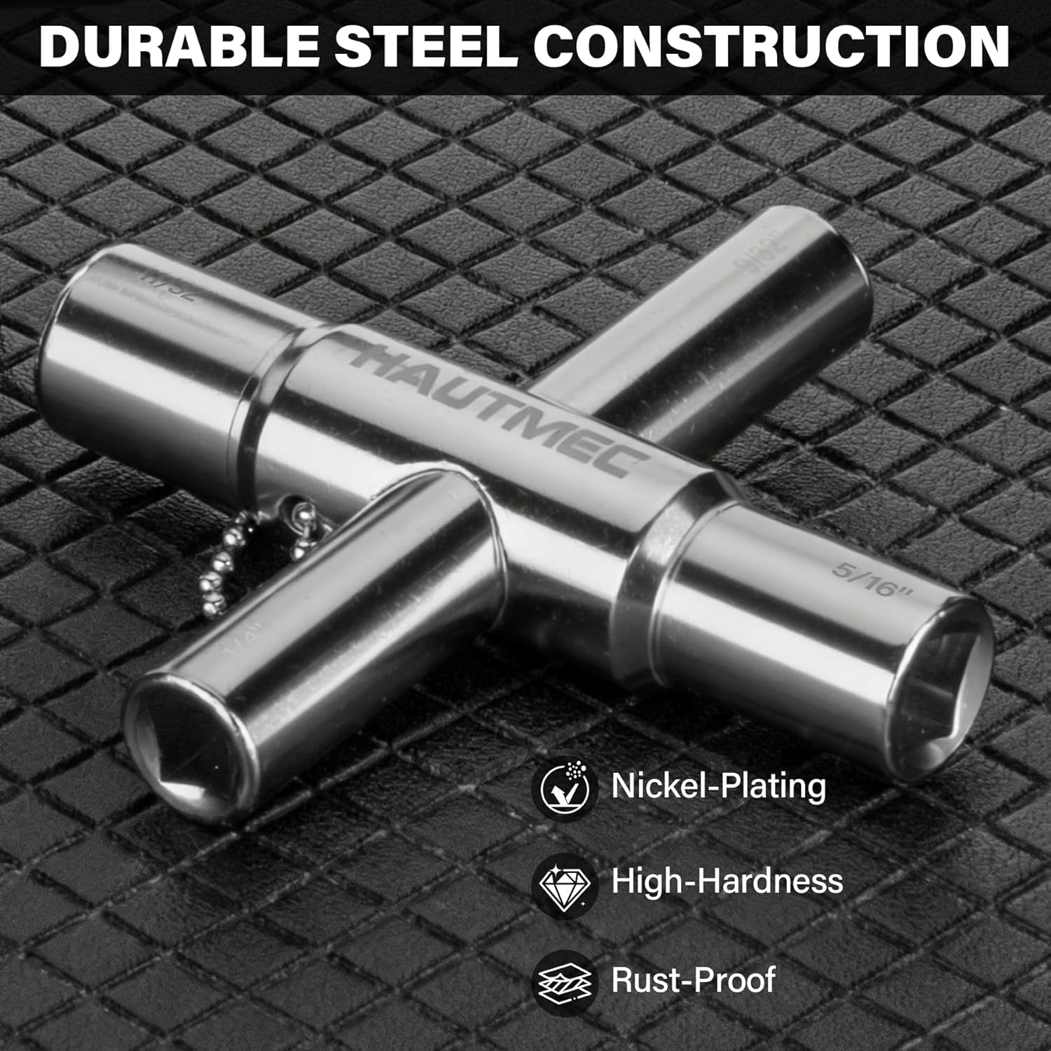 HAUTMEC 4 Way Sillcock Water Key, 1/4", 9/32", 5/16", 11/32" Steel Multi-Function Utility Key for Sillcocks Faucets Valves Spigots PL0028