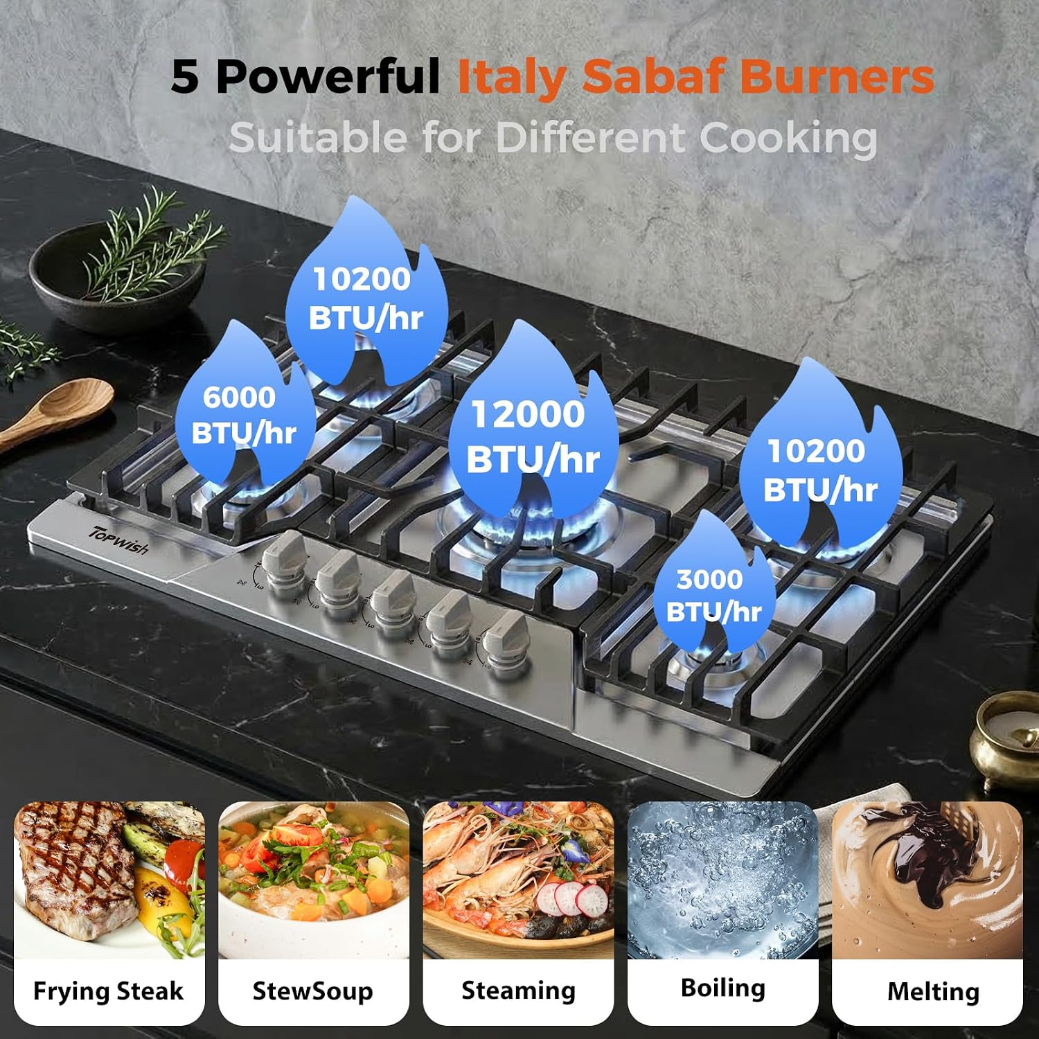 Gas Cooktop 30 Inch, Built-in 5 Burner Propane Stove Gas Stove Top