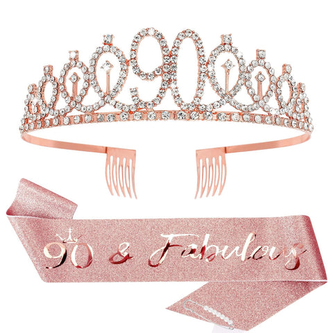 CIEHER 90th Birthday Crown, Sash & Pearl Pin Set - Elegant Decorations & Gifts for Her 90th Fabulous Birthday