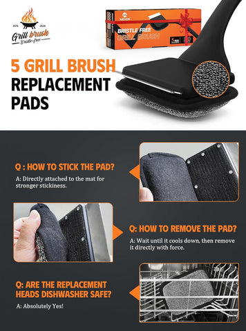 MEKER Grill Brush Bristle Free, Grill Cleaner Brush with 5 BBQ Replacement Head for Cast Iron, Stainless Steel Grates, Safe Grill Scraper Outdoor BBQ Grill, Black