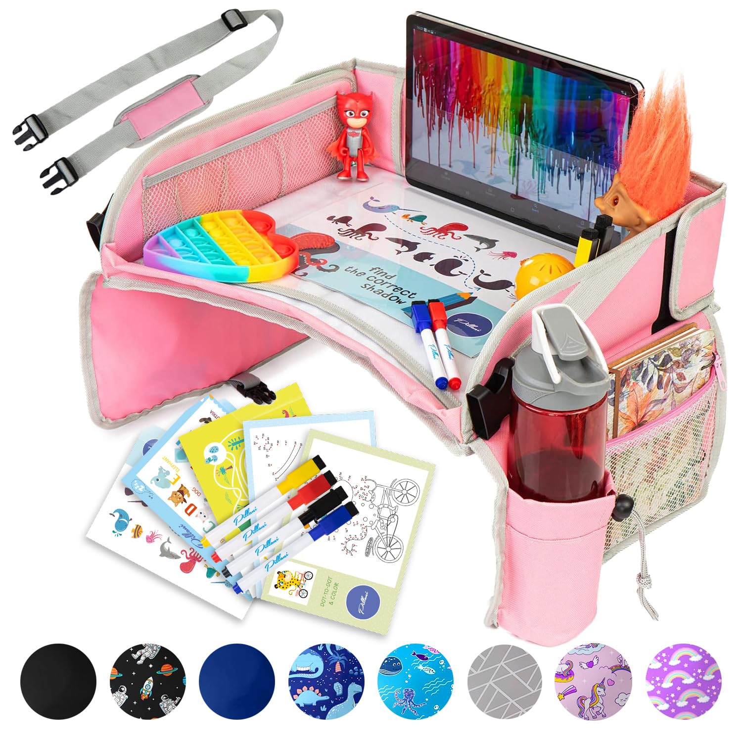 PILLANI Kids Travel Tray for Car - Car Seat Tray for Kids Travel, Road Trip Essentials, Carseat Table for Roadtrip Activities - Must Haves Toddler Lap Desk Organizer for Airplane - Car Accessories