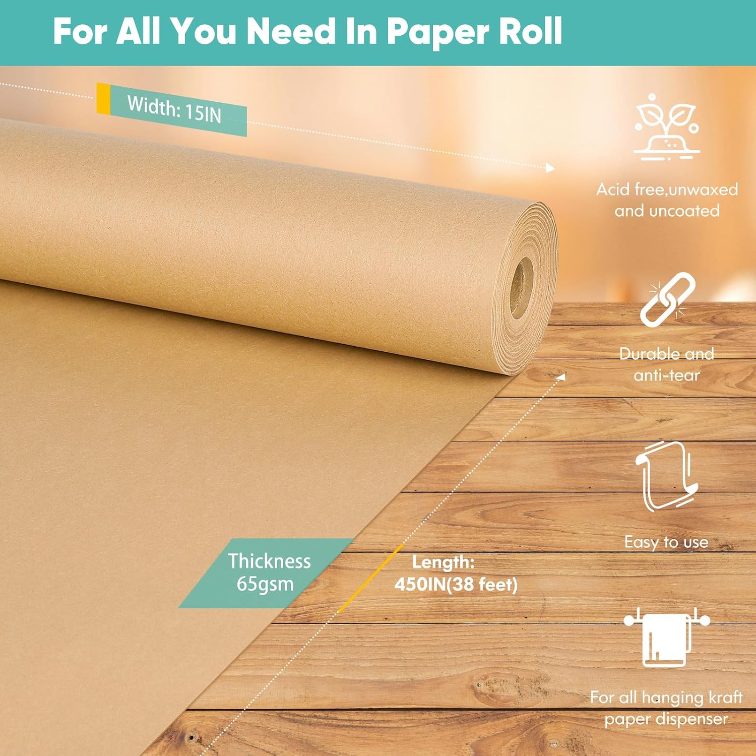 Vanhench Brown Wrapping/Packing Paper Roll 15"×450" (38')