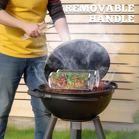 Ivtivfu Nesting Grill Baskets (2PCS), Removable Wooden Handle, 304 Stainless Steel, Rolling Grilling Net, BBQ Accessories Tools for Vegetables Shrimp, Outdoor Cooking Camping, Gifts for Men Dad Husband