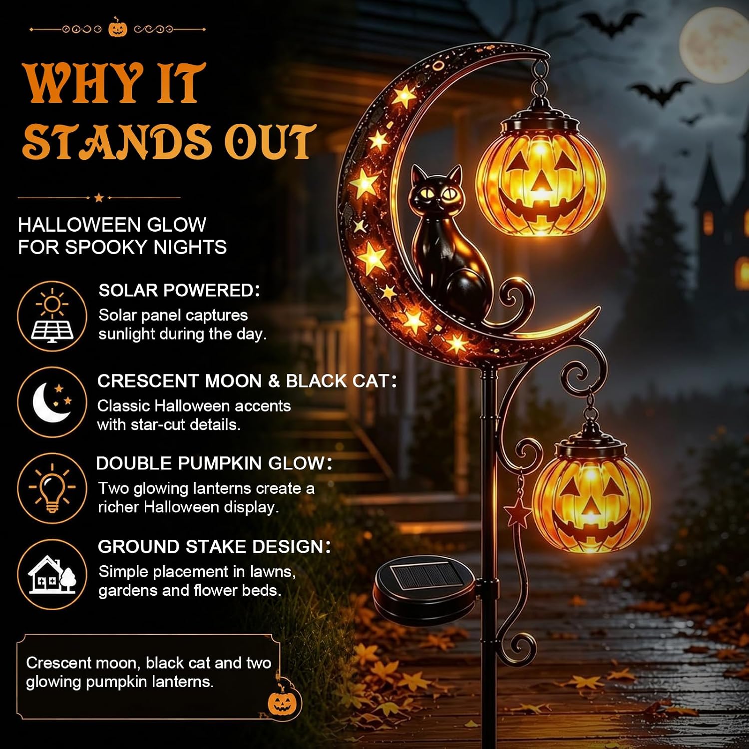 Pumpkin Moon Garden Stake Light & Black Cat Garden Stake Light, Outdoor Halloween Decorations with LED Lantern, Solar Halloween Lights for Lawn, Pathway, Porch, Patio