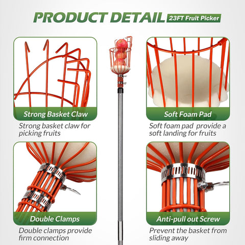 Walensee 23FT Fruit Picker with Basket, 35-276 Inch Ultra-Long Mango Picker Pole, Heavy Duty Cherry Picker Tool for High Tree, Citrus Apple Avocado Pear Lemon Orange Picking, with Storage Bag
