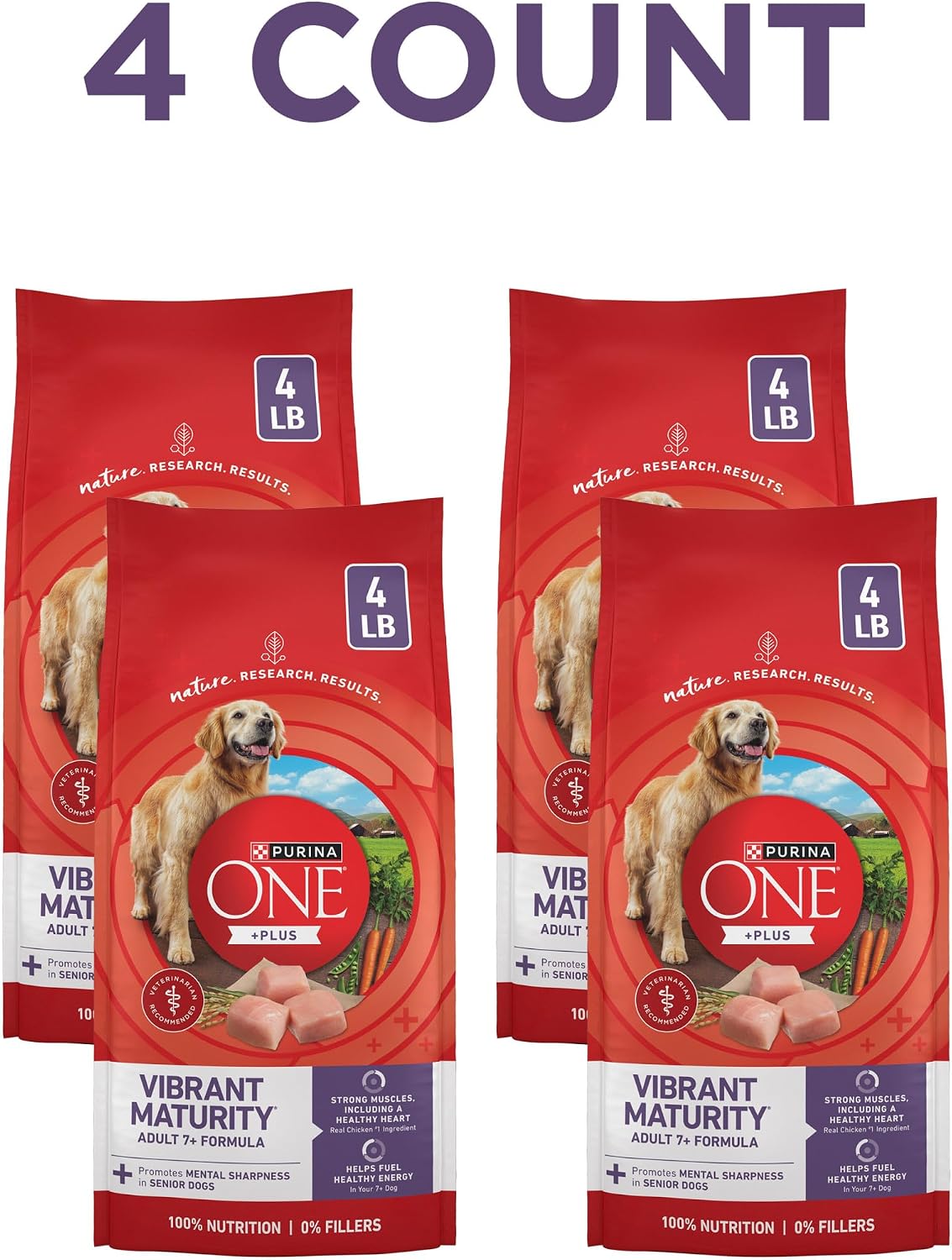 Purina ONE High Protein Dry Senior Dog Food Plus Vibrant Maturity Adult 7 Plus Formula - 4 Pound (Pack of 4)