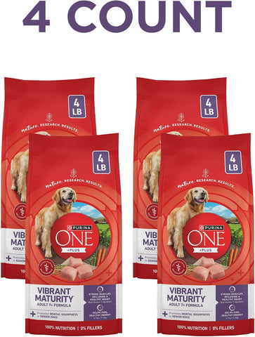 Purina ONE High Protein Dry Senior Dog Food Plus Vibrant Maturity Adult 7 Plus Formula - 4 Pound (Pack of 4)