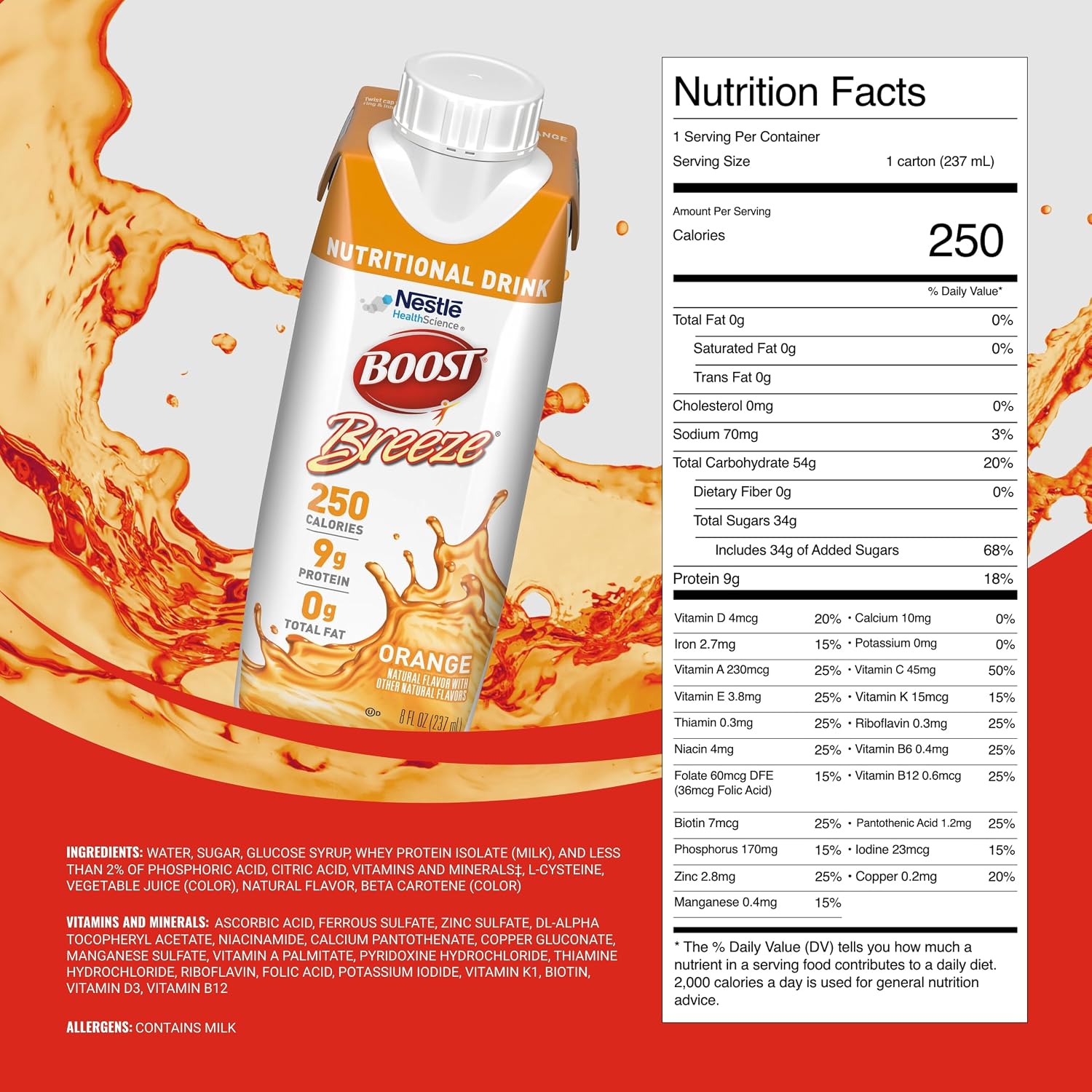 BOOST Breeze Clear Nutritional Drink - 250 Calories - 19 Vitamins & Minerals - 9 g Protein - Fortified Clear Nutritional Drink with Vitamin A & Zinc - Orange Flavor - 8 fl oz (Pack of 24)