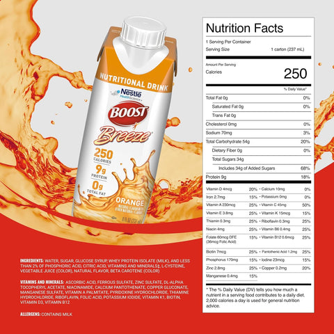 BOOST Breeze Clear Nutritional Drink - 250 Calories - 19 Vitamins & Minerals - 9 g Protein - Fortified Clear Nutritional Drink with Vitamin A & Zinc - Orange Flavor - 8 fl oz (Pack of 24)